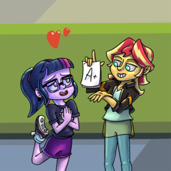 Size: 1000x1000 | Tagged: safe, artist:rawrienstein, sci-twi, sunset shimmer, twilight sparkle, equestria girls, g4, clothes, duo, female, lesbian, nerd, ship:sci-twishimmer, ship:sunsetsparkle, shipping, skirt
