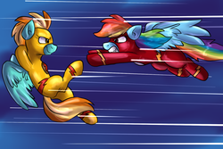 Size: 1536x1028 | Tagged: safe, artist:not-ordinary-pony, lightning dust, rainbow dash, pegasus, pony, g4, clothes, crossover, flight suit, flying, professor zoom, reverse-flash, the flash