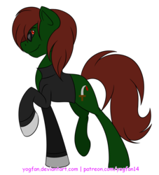 Size: 1000x1100 | Tagged: safe, artist:yogfan, oc, oc only, oc:yoshster, earth pony, pony, clothes, male, ponified, raised hoof, simple background, solo, stallion, transparent background
