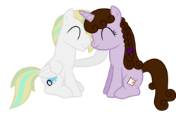 Size: 2292x1511 | Tagged: safe, artist:meandmyideas, oc, oc only, oc:firefly-frost, oc:kindheart, pegasus, pony, unicorn, eyes closed, female, male, nuzzling, oc x oc, shipping, simple background, sitting, straight, transparent background, vector