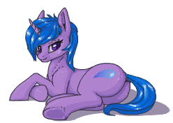 Size: 248x176 | Tagged: safe, artist:shydale, oc, oc only, oc:startrail(old design), pony, unicorn, butt, butt freckles, female, flockmod, freckles, lying, mare, old design, picture for breezies, plot, solo, underhoof
