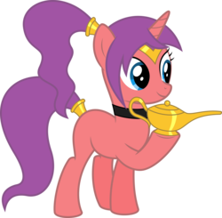 Size: 6518x6400 | Tagged: safe, artist:parclytaxel, oc, oc only, oc:dream dancer, genie, genie pony, pony, unicorn, ain't never had friends like us, .svg available, absurd resolution, blank flank, collar, female, headband, holding, lamp, mare, ponytail, raised hoof, shantae, shantae (character), simple background, smiling, solo, tail wrap, transparent background, vector
