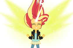 Size: 6000x4000 | Tagged: safe, artist:spottedlions, sunset shimmer, equestria girls, g4, absurd resolution, artificial wings, augmented, clothes, cute, dragon ball, excited, eyes closed, female, glowing horn, grin, happy, horn, jacket, leather jacket, magic, magic wings, pants, smiling, solo, super saiyan, wings