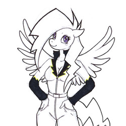 Size: 550x550 | Tagged: safe, artist:rikkitz, oc, oc only, oc:blueball blitz, pegasus, anthro, anthro oc, breasts, cleavage, clothes, costume, female, hand on hip, looking at you, mare, shadowbolts, shadowbolts costume, solo