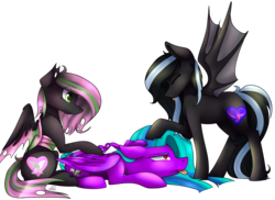 Size: 3000x2187 | Tagged: safe, artist:harmonyskish, oc, oc only, bat pony, changeling, pegasus, pony, female, high res, mare, petting, pink changeling, prone, simple background, tongue out, transparent background