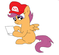 Size: 503x467 | Tagged: safe, artist:madikatfangirl, scootaloo, pegasus, pony, g4, 4chan, cap, drawthread, female, filly, hat, mario's hat, nintendo, nintendo ds, sitting, smiling, solo, spread wings, wings