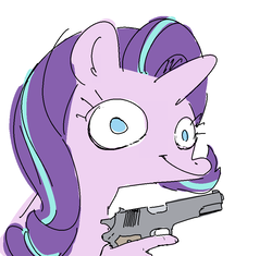 Size: 922x868 | Tagged: safe, artist:nobody, starlight glimmer, pony, all bottled up, g4, delet this, female, gun, hand, handgun, m1911, pistol, simple background, solo, suddenly hands, thousand yard stare, trigger discipline, weapon, white background
