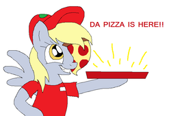 Size: 711x482 | Tagged: safe, artist:madikatfangirl, derpy hooves, pegasus, pony, semi-anthro, g4, 4chan, cap, clothes, drawthread, female, food, hat, hilarious in hindsight, i just don't know what went wrong, meat, name tag, pepperoni, pepperoni pizza, pizza, pizza box, pizza delivery, shirt, simple background, smiling, solo, white background
