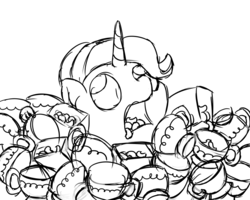 Size: 1000x800 | Tagged: safe, artist:mkogwheel, starlight glimmer, pony, unicorn, all bottled up, g4, asphyxiation, cinnamon nuts, cup, drowning, female, food, monochrome, sketch, solo, teacup