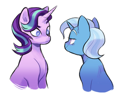 Size: 1809x1415 | Tagged: safe, artist:kianamai, starlight glimmer, trixie, pony, unicorn, g4, eye contact, female, lesbian, looking at each other, mare, ship:startrix, shipping, simple background, white background
