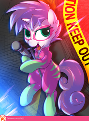 Size: 992x1346 | Tagged: safe, artist:sip, sweetie belle, pony, g4, female, looking at you, patreon, patreon logo, police tape, show stopper outfits, solo