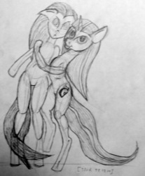 Size: 500x605 | Tagged: safe, artist:tour, derpibooru exclusive, oc, oc only, unnamed oc, earth pony, unicorn, anthro, unguligrade anthro, duo, duo female, female, mare, monochrome, pencil drawing, simple background, traditional art