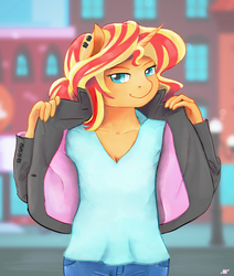 Size: 1303x1535 | Tagged: safe, artist:shiropoint, sunset shimmer, unicorn, anthro, g4, clothes, female, jacket, solo