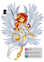 Size: 579x819 | Tagged: safe, artist:allocen, sunset shimmer, lucemon, seraph, equestria girls, g4, barefoot, clothes, cosplay, costume, crossover, digimon, feet, female, lucifer, multiple wings, simple background, solo, transparent background