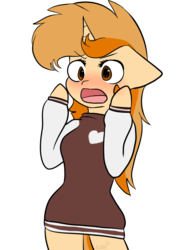 Size: 600x800 | Tagged: safe, artist:fluttershy369, oc, oc only, oc:butterscotch, unicorn, anthro, unguligrade anthro, arm hooves, blushing, female, mare, open mouth, simple background, solo, transparent background