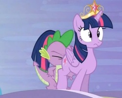 Size: 729x583 | Tagged: safe, screencap, spike, twilight sparkle, alicorn, dragon, pony, g4, princess twilight sparkle (episode), big crown thingy, cropped, eyes closed, faceful of ass, female, jewelry, male, mare, regalia, spike running into twilight's rear, surprised, twilight sparkle (alicorn), wide eyes