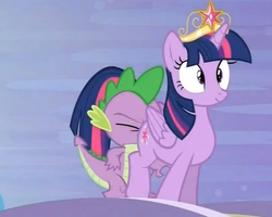 Size: 729x583 | Tagged: safe, edit, screencap, spike, twilight sparkle, alicorn, dragon, pony, g4, princess twilight sparkle (episode), big crown thingy, cropped, faceful of ass, happy, jewelry, regalia, spike running into twilight's rear, twilight sparkle (alicorn)