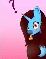 Size: 466x593 | Tagged: safe, artist:kawaiipixaddie, oc, oc only, pony, unicorn, female, food, gradient background, mare, pizza, question mark, solo