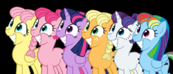 Size: 1977x854 | Tagged: safe, artist:bananimation, applejack, fluttershy, pinkie pie, rainbow dash, rarity, twilight sparkle, alicorn, pony, g4, bad end, black background, creepy, equalized, face, grin, mane six, simple background, smiling, the bad guy wins, this will end in communism, twilight sparkle (alicorn)