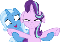 Size: 5000x3499 | Tagged: safe, artist:dashiesparkle, starlight glimmer, trixie, pony, all bottled up, g4, absurd resolution, cute, floppy ears, simple background, starlight glimmer is not amused, transparent background, trixie's puppeteering, unamused, vector