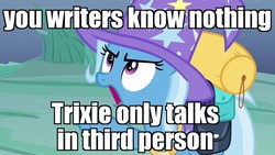 Size: 1280x720 | Tagged: safe, edit, edited screencap, screencap, trixie, pony, unicorn, g4, to where and back again, angry, cute, female, image macro, mare, meme, op is just having a laugh, pointing, solo, trixie yells at everything