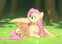 Size: 2048x1455 | Tagged: safe, artist:katputze, fluttershy, g4, chest fluff, cute, female, grass, preening, prone, shyabetes, solo, spread wings, wings