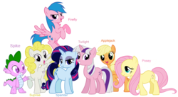 Size: 1178x645 | Tagged: safe, artist:atomiclance, applejack (g1), firefly, posey, sparkler (g1), spike (g1), surprise, twilight, dragon, earth pony, pegasus, pony, unicorn, g1, g4, female, g1 six, g1 to g4, generation leap, group shot, male, mane seven, mane six, mare, recolor, simple background, what could have been, white background