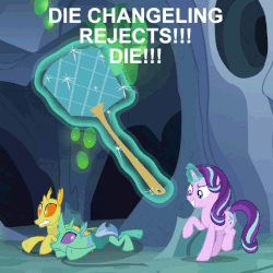 Size: 553x553 | Tagged: safe, edit, edited screencap, screencap, clypeus, soupling, starlight glimmer, changedling, changeling, pony, unicorn, celestial advice, g4, >:d, abuse, animated, caption, changeabuse, disguise, disguised changeling, evil smile, fake starlight glimmer, female, flyswatter, gif, grin, loop, magic, mare, pure unfiltered evil, smiling, swatting, telekinesis, text
