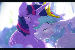 Size: 4500x3000 | Tagged: safe, artist:96paperkuts, princess celestia, twilight sparkle, alicorn, pony, g4, chest fluff, crying, cute, cutelestia, duo, duo female, eyes closed, female, grin, high res, leg fluff, mare, momlestia fuel, nuzzling, smiling, tears of joy, twiabetes, twilight sparkle (alicorn)