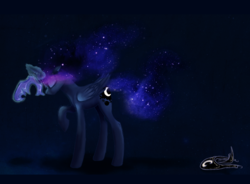 Size: 822x605 | Tagged: safe, artist:eugenchen, princess luna, alicorn, pony, g4, eyes closed, female, galaxy mane, galaxy tail, magic, mare, raised hoof, solo, telekinesis