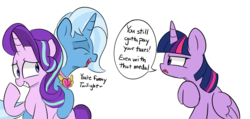 Size: 1995x947 | Tagged: dead source, safe, artist:lance, starlight glimmer, trixie, twilight sparkle, alicorn, pony, unicorn, celestial advice, g4, equestrian pink heart of courage, laughing, simple background, tax evasion, taxes, this will end in jail time, trio, twilight sparkle (alicorn), white background