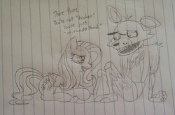 Size: 1067x703 | Tagged: safe, artist:madikatfangirl, fluttershy, fox, pegasus, pony, g4, crossover, dialogue, eye contact, five nights at freddy's, foxy, lined paper, looking at each other, open mouth, pencil drawing, prone, sitting, traditional art