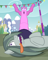 Size: 1000x1250 | Tagged: safe, artist:regularmouseboy, marble pie, g4, the one where pinkie pie knows, cute, fainted, houses, marblebetes, mountain, scared, scenery, tongue out, town, wacky waving inflatable tube pony, wide eyes