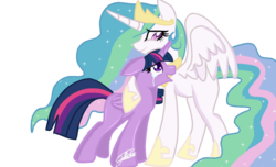 Size: 1024x623 | Tagged: safe, artist:sweetkllrvane, princess celestia, twilight sparkle, alicorn, pony, celestial advice, g4, crying, floppy ears, hug, momlestia, simple background, transparent background, twilight sparkle (alicorn)