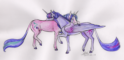 Size: 1024x497 | Tagged: safe, artist:sagastuff94, starlight glimmer, twilight sparkle, alicorn, classical unicorn, pony, g4, cloven hooves, colored hooves, crying, duo, female, horn, horses doing horse things, leonine tail, mare, neck hug, raised hoof, realistic anatomy, realistic horse legs, simple background, traditional art, twilight sparkle (alicorn), unshorn fetlocks, watercolor painting