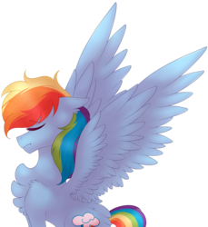 Size: 1857x2030 | Tagged: safe, artist:melodysweetheart, rainbow dash, g4, backwards cutie mark, chest fluff, eyes closed, female, floppy ears, simple background, sitting, solo, spread wings, transparent background