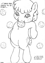 Size: 829x1158 | Tagged: safe, artist:merkleythedrunken, truffle shuffle, pony, g4, cookie, food, monochrome, mouth hold, solo, traditional art