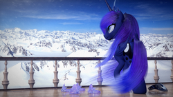 Size: 2560x1440 | Tagged: safe, artist:thelunagames, princess luna, alicorn, pony, g4, 3d, cinema 4d, female, mountain, mountain range, scenery, snow, solo