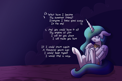 Size: 1280x852 | Tagged: safe, artist:heir-of-rick, princess celestia, alicorn, pony, g4, book, female, hair over one eye, hurt (song), immortality blues, johnny cash, looking away, mare, music notes, nine inch nails, sad, self winghug, sitting, solo, song reference, three quarter view, wings