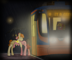 Size: 639x532 | Tagged: safe, artist:subway777, oc, oc only, oc:rave muller, oc:tatra, oc:vincher, pegasus, pony, unicorn, duo, hug, night, rain, ravecher, tram, umbrella