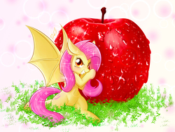Size: 2000x1500 | Tagged: safe, artist:phoenixperegrine, fluttershy, bat pony, pony, g4, apple, female, flutterbat, food, giant apple, grin, looking at you, micro, race swap, sitting, smiling, solo, sparkles, spread wings, wings