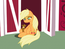 Size: 1062x793 | Tagged: safe, anonymous artist, applejack, earth pony, pony, g4, 4chan, bag, drawthread, female, frown, hatless, looking down, loose hair, mare, missing accessory, sad, sitting, solo, unhapplejack
