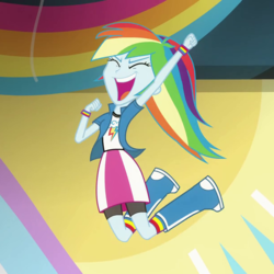 Size: 610x610 | Tagged: safe, screencap, rainbow dash, equestria girls, g4, my little pony equestria girls: rainbow rocks, shake your tail, boots, bracelet, clothes, cropped, eyes closed, female, jewelry, socks, solo, wristband