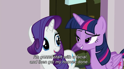 Size: 1280x720 | Tagged: safe, screencap, rarity, twilight sparkle, alicorn, pony, all bottled up, g4, lidded eyes, looking at each other, out of context, out of context quote, subtitles, twilight sparkle (alicorn)