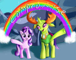 Size: 2500x2000 | Tagged: safe, artist:katakiuchi4u, starlight glimmer, thorax, changedling, changeling, pony, unicorn, celestial advice, g4, my little pony: friendship is magic, compromise, duo, high res, king thorax, rainbow, scene interpretation