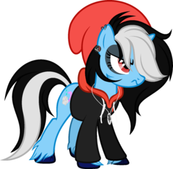 Size: 1024x1001 | Tagged: safe, artist:pegasski, oc, oc only, oc:starcatcher, pony, unicorn, g4, beanie, clothes, ear piercing, earring, female, hat, hoodie, jewelry, lidded eyes, makeup, mare, necklace, piercing, simple background, solo, standing, sweater, transparent background, twenty one pilots, unshorn fetlocks