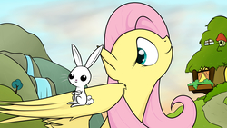 Size: 7680x4320 | Tagged: safe, artist:cloudyskieswrites, angel bunny, fluttershy, pony, g4, absurd resolution, bust, duo, fluttershy's cottage, looking sideways, profile, spread wings, waterfall, wings