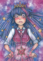 Size: 707x1000 | Tagged: safe, artist:holy-yume, twilight sparkle, human, g4, blushing, clothes, crown, element of magic, female, humanized, jewelry, necktie, new crown, regalia, shirt, solo, starry eyes, traditional art, vest, wingding eyes