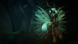 Size: 1920x1080 | Tagged: safe, artist:ikuvaito, queen chrysalis, changeling, changeling queen, g4, crown, fangs, female, green eyes, green mane, horn, jewelry, regalia, solo, transparent wings, wallpaper, wings