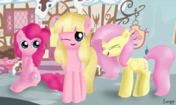 Size: 5000x3000 | Tagged: safe, artist:songbirdserenade, fluttershy, pinkie pie, pony, g4, andrea libman, high res, looking at you, one eye closed, ponified, sugarcube corner, trio, voice actor joke, wink